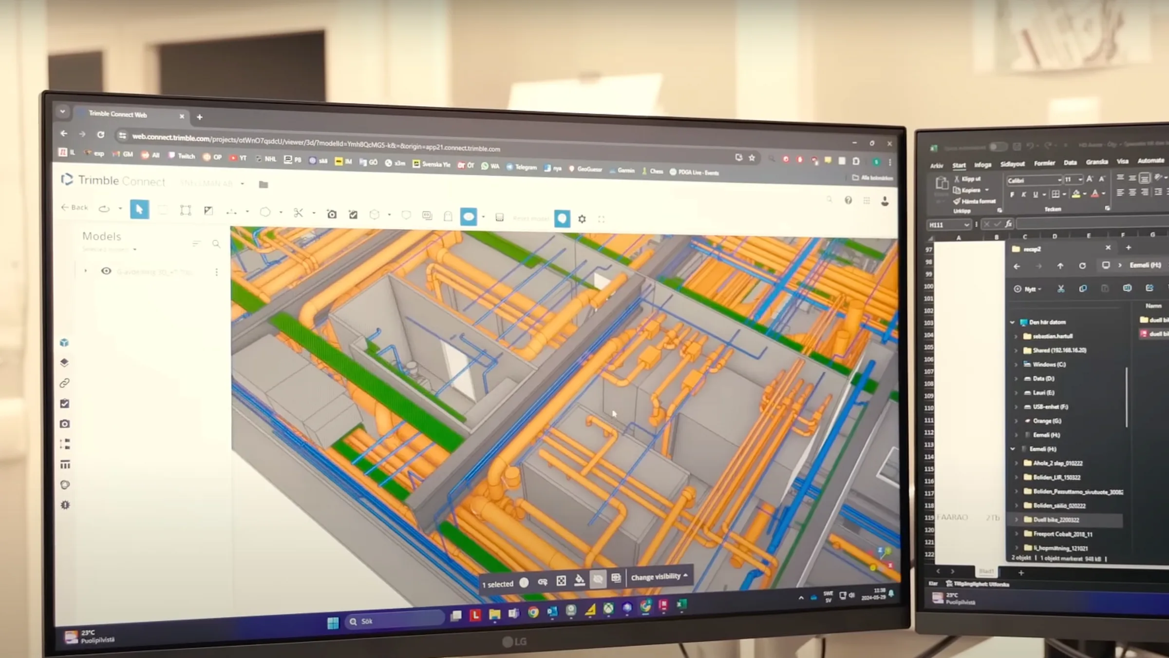 BIM model with piping and building services on a computer screen