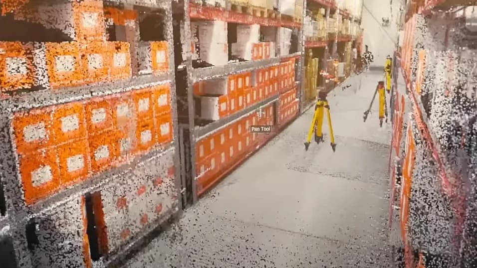 Laser scanning point cloud of a warehouse with pallet racks